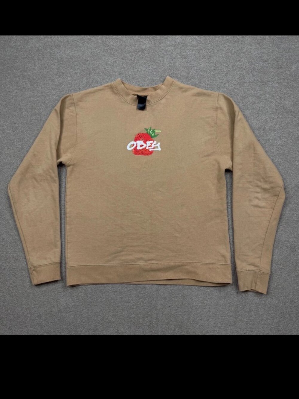 Obey Graphic T Shirt Women's Size S Brown Long Sleeve Pullover Strawberry Tee